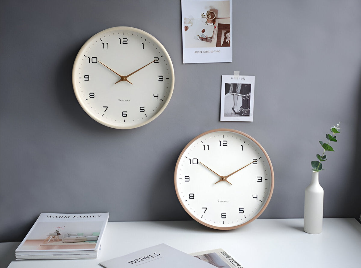 Wood frame wall clock in a living room