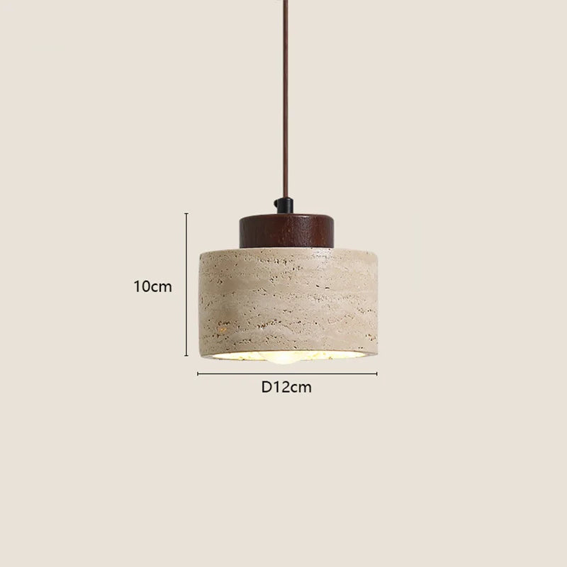 Low stone drum pendant light with a walnut-tone wood cap, 12 cm wide and 10 cm high