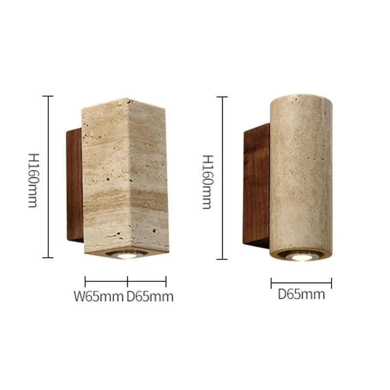 Size diagram of the square and round stone sconces, 160 mm high, 65 mm wide