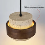 Pendant light with a stone top and walnut-colour ring showing the side light gap