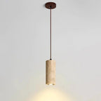 Marble cylinder pendant light with a brown cord and round ceiling plate casting light downward