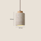 Tall stone cylinder pendant light with a natural wood cap, 11 cm wide and 16.5 cm high
