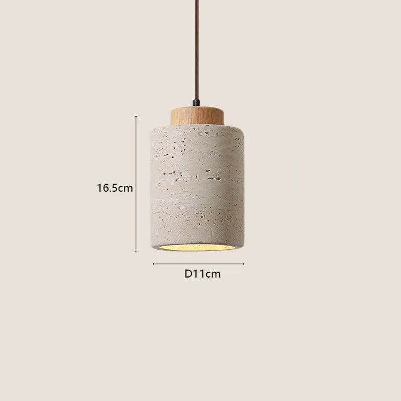Tall stone cylinder pendant light with a natural wood cap, 11 cm wide and 16.5 cm high
